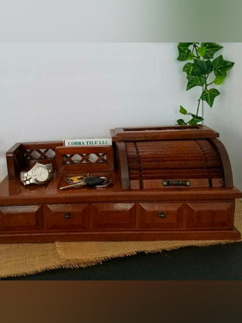 Vintage Wooden Jewelry Box Desk Organizer Roll-Top Velvet Storage Drawer - Picture 14 of 14
